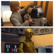 Luke begins to scrape several connectors on the robot's head with a tool as Threepio climbs out of the oil tub and begins wiping oil from his bronze body. LUKE: "You got a lot of carbon scoring here. It looks like you boys have seen a lot of action." THREEPIO: "With all we've been through, sometimes I'm amazed we're in as good condition as we are, what with the Rebellion and all."  #starwars #anhwt #starwarstoycrew #jbscrew #blackdeathcrew #starwarstoypix #toyshelf 
